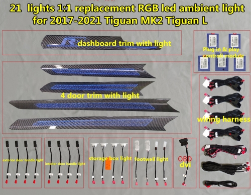 RGB Multicolour LED ambient light door trim light atmosphere light for  VW  Tiguan MK2  Tiguan L  30 color 21 lights